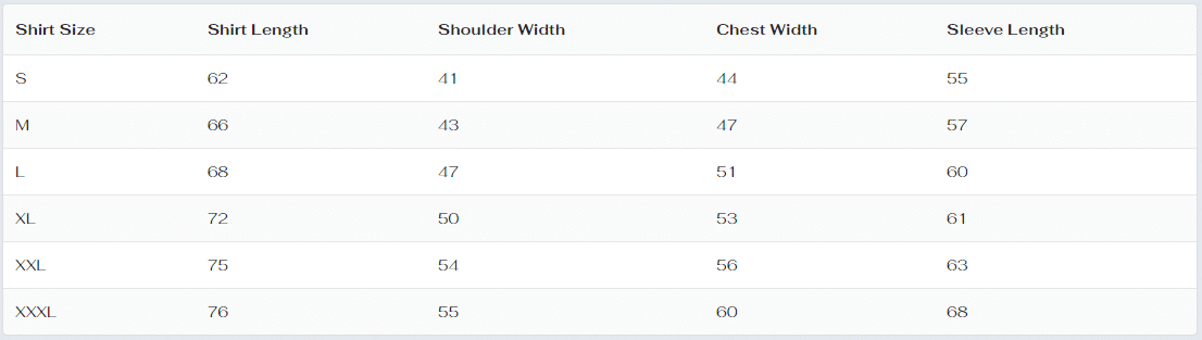 flexible led shirt size chart