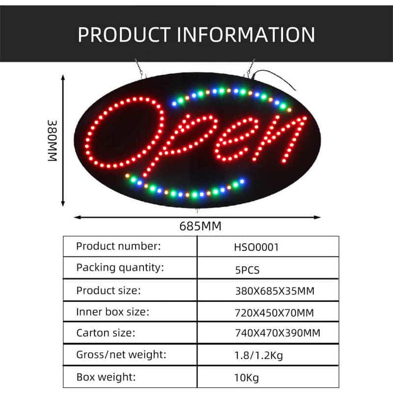 led open signs specifications